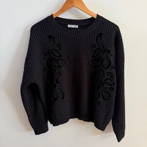 Dex Black Crew Neck Sweater with Floral Design